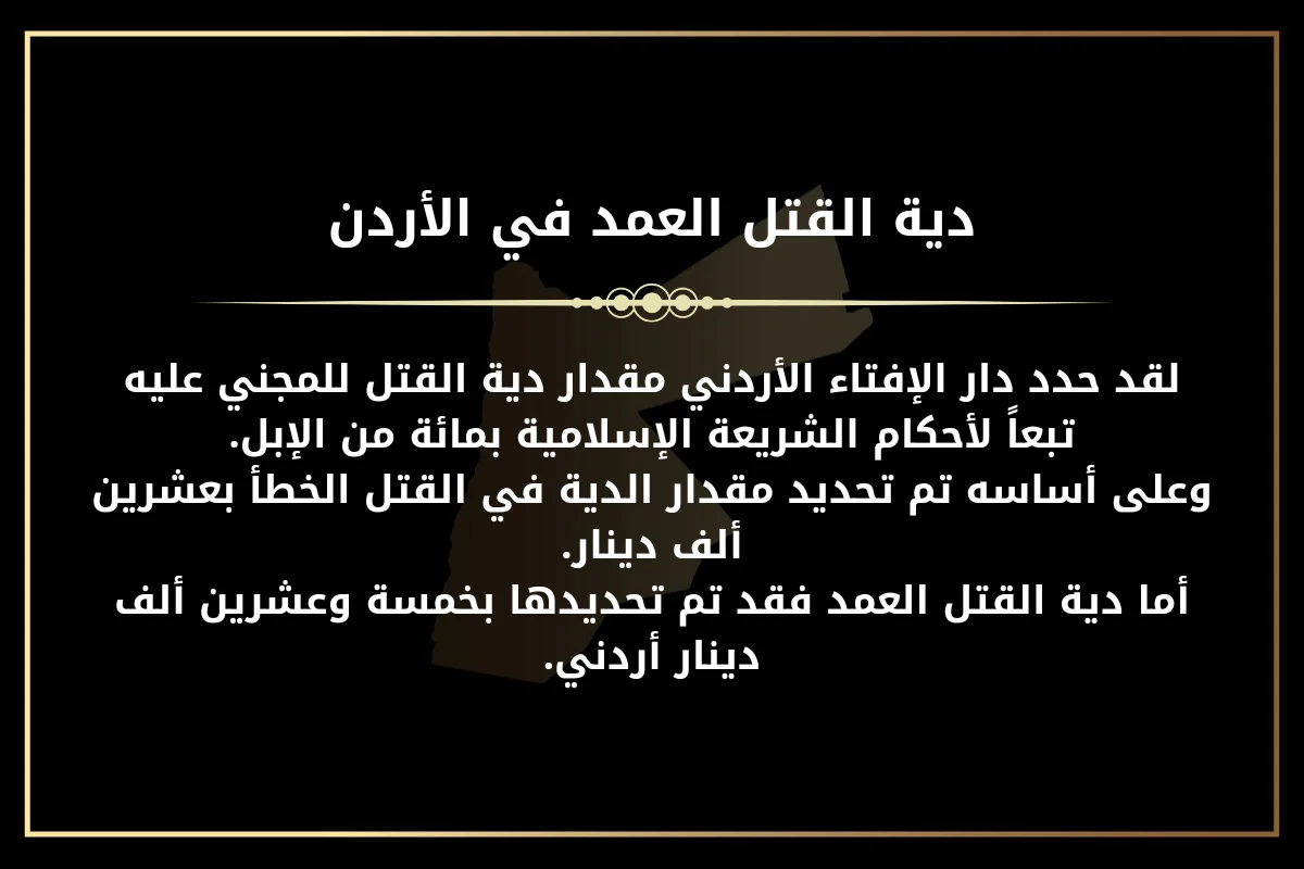 دية القتل العمد في الأردن. لقد حدد دار الإفتاء الأردني مقدار دية القتل للمجني عليه تبعاً لأحكام الشريعة الإسلامية بمائة من الإبل. وعلى أساسه تم تحديد مقدار الدية في القتل الخطأ بعشرين ألف دينار. أما دية القتل العمد فقد تم تحديدها بخمسة وعشرين ألف دينار أردني.