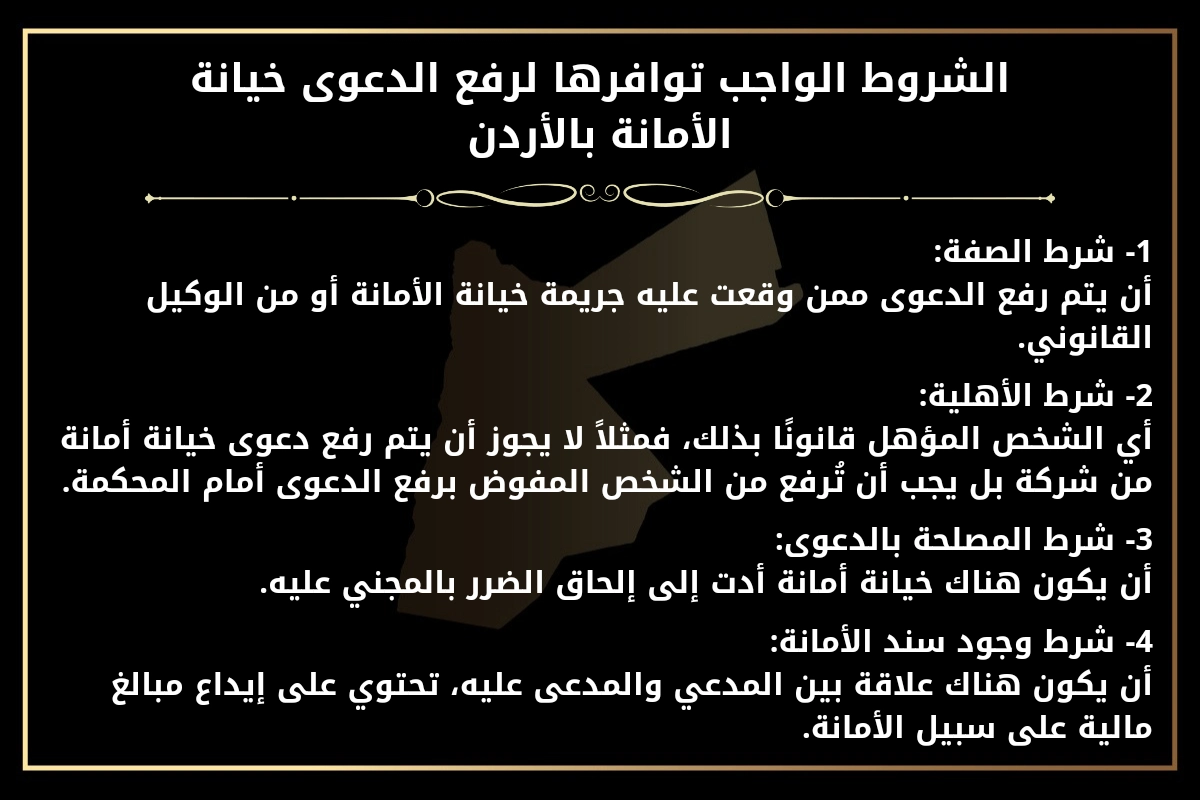 الشروط الواجب توافرها لرفع الدعوى خيانة الأمانة بالأردن 1- شرط الصفة: أن يتم رفع الدعوى ممن وقعت عليه جريمة خيانة الأمانة أو من الوكيل القانوني. 2- شرط الأهلية: أي الشخص المؤهل قانونًا بذلك، فمثلاً لا يجوز أن يتم رفع دعوى خيانة أمانة من شركة بل يجب أن تُرفع من الشخص المفوض برفع الدعوى أمام المحكمة. 3- شرط المصلحة بالدعوى: أن يكون هناك خيانة أمانة أدت إلى إلحاق الضرر بالمجني عليه. 4- شرط وجود سند الأمانة: أن يكون هناك علاقة بين المدعي والمدعى عليه، تحتوي على إيداع مبالغ مالية على سبيل الأمانة.