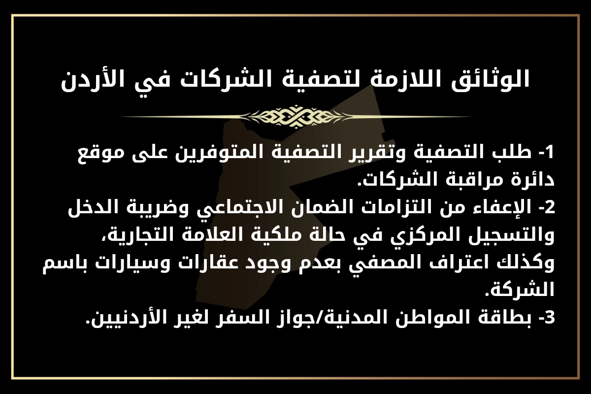 الوثائق اللازمة لتصفية الشركات في الأردن
1- طلب التصفية وتقرير التصفية المتوفرين على موقع دائرة مراقبة الشركات.
2- الإعفاء من التزامات الضمان الاجتماعي وضريبة الدخل والتسجيل المركزي في حالة ملكية العلامة التجارية، وكذلك اعتراف المصفي بعدم وجود عقارات وسيارات باسم الشركة.
3- بطاقة المواطن المدنية/جواز السفر لغير الأردنيين.