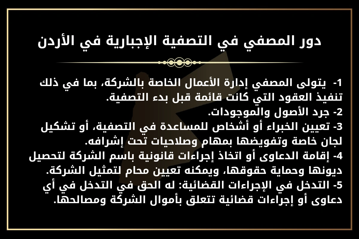 دور المصفي في التصفية الإجبارية في قطر.
1-  يتولى المصفي إدارة الأعمال الخاصة بالشركة، بما في ذلك تنفيذ العقود التي كانت قائمة قبل بدء التصفية.
2- جرد الأصول والموجودات.
3- تعيين الخبراء أو أشخاص للمساعدة في التصفية، أو تشكيل لجان خاصة وتفويضها بمهام وصلاحيات تحت إشرافه.
4- إقامة الدعاوى أو اتخاذ إجراءات قانونية باسم الشركة لتحصيل ديونها وحماية حقوقها، ويمكنه تعيين محام لتمثيل الشركة.
5- التدخل في الإجراءات القضائية: له الحق في التدخل في أي دعاوى أو إجراءات قضائية تتعلق بأموال الشركة ومصالحها.