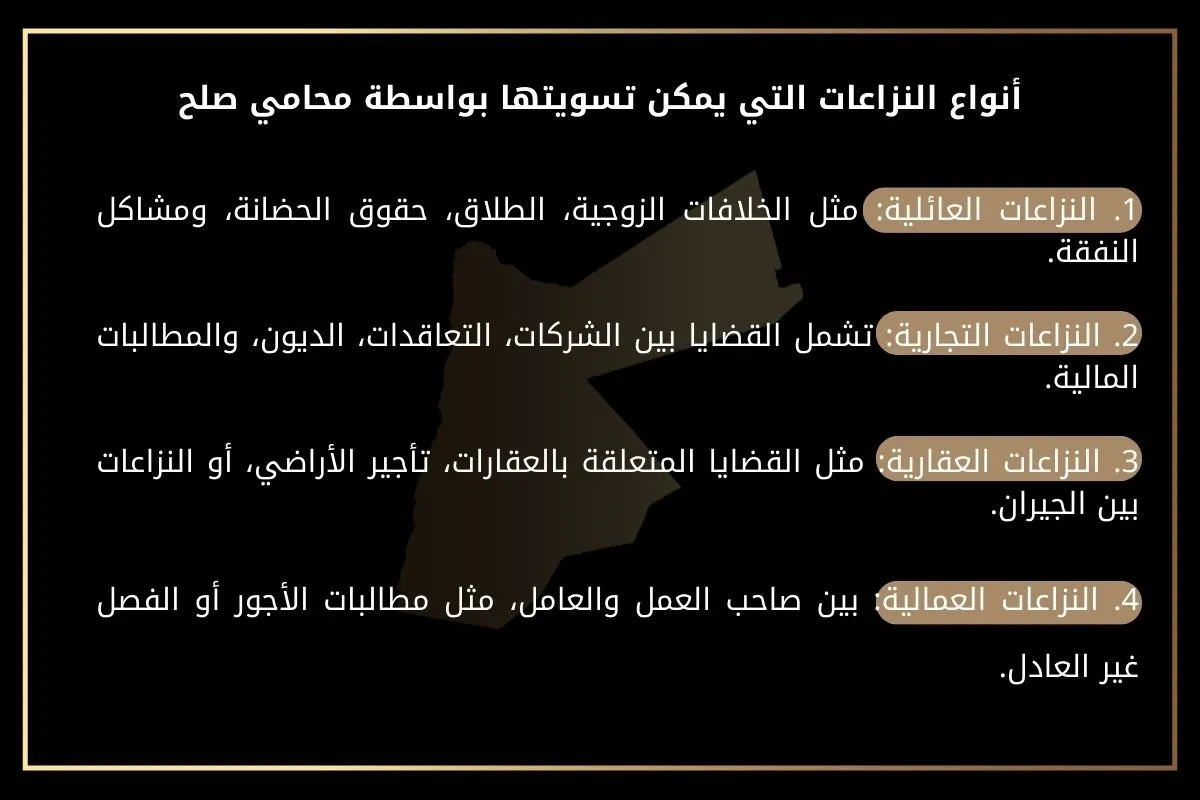 أنواع النزاعات التي يمكن تسويتها بواسطة محامي صلح