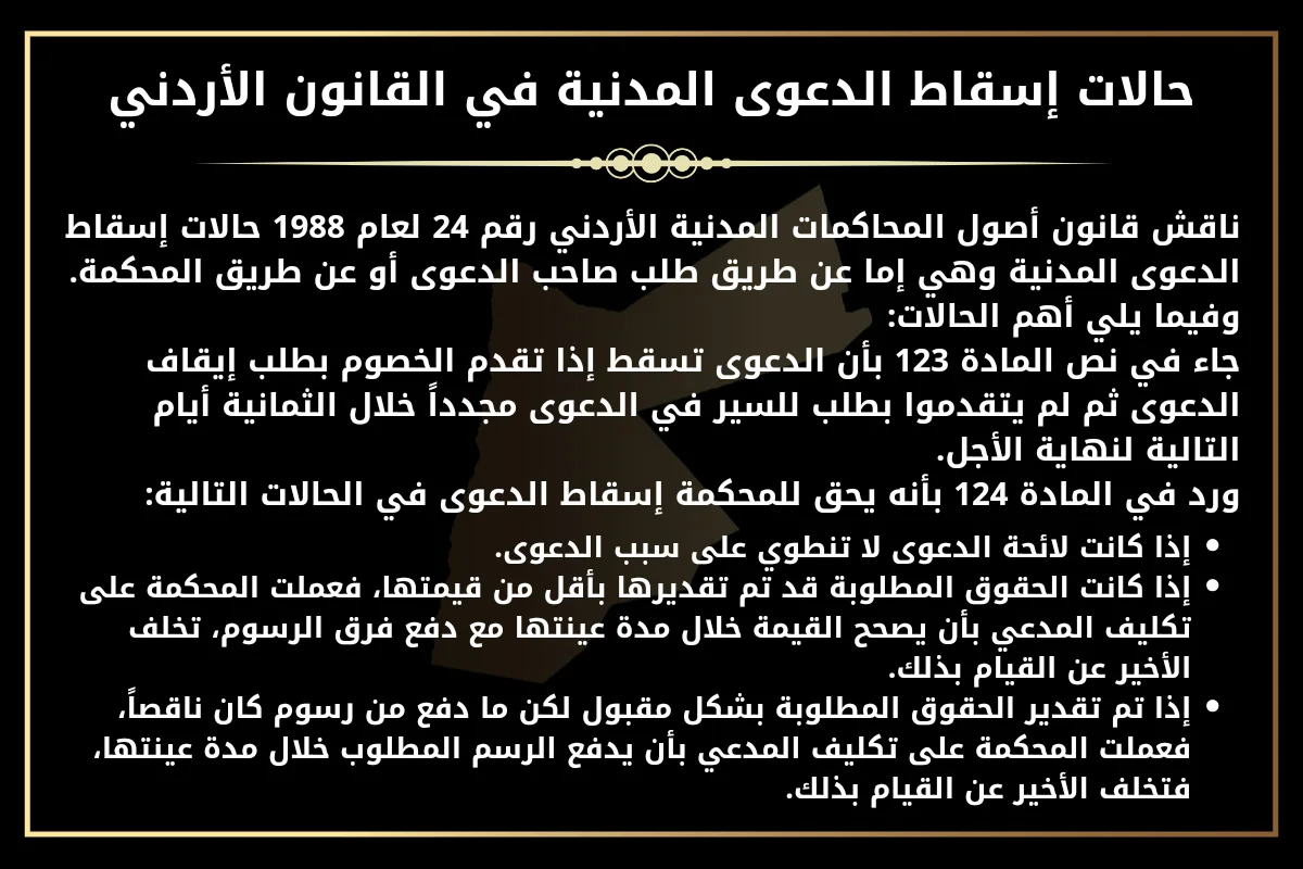 حالات إسقاط الدعوى المدنية في القانون الأردني.1- جاء في نص المادة  123 من قانون أصول المحاكمات المدنية الأردني رقم 24 لعام 1988 بأن الدعوى تسقط إذا تقدم الخصوم بطلب إيقاف الدعوى ثم لم يتقدموا بطلب للسير في الدعوى مجدداً خلال الثمانية أيام التالية لنهاية الأجل.2- ورد في المادة 124 من نفس القانون  بأنه يحق للمحكمة إسقاط الدعوى في الحالات التالية:
* إذا كانت لائحة الدعوى لا تنطوي على سبب الدعوى.
* إذا كانت الحقوق المطلوبة قد تم تقديرها بأقل من قيمتها.
* إذا تم تقدير الحقوق المطلوبة بشكل مقبول لكن ما دفع من رسوم كان ناقصاً.